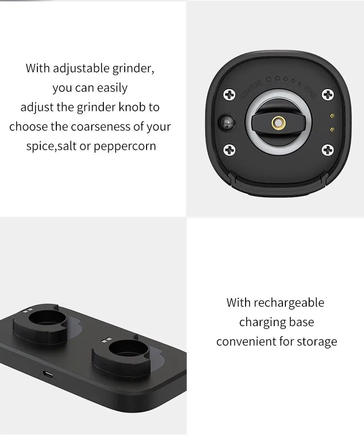 Electric Automatic Pepper And Salt Grinder Set, 2pcs USB Rechargeable Base, Adjustable Coarseness
