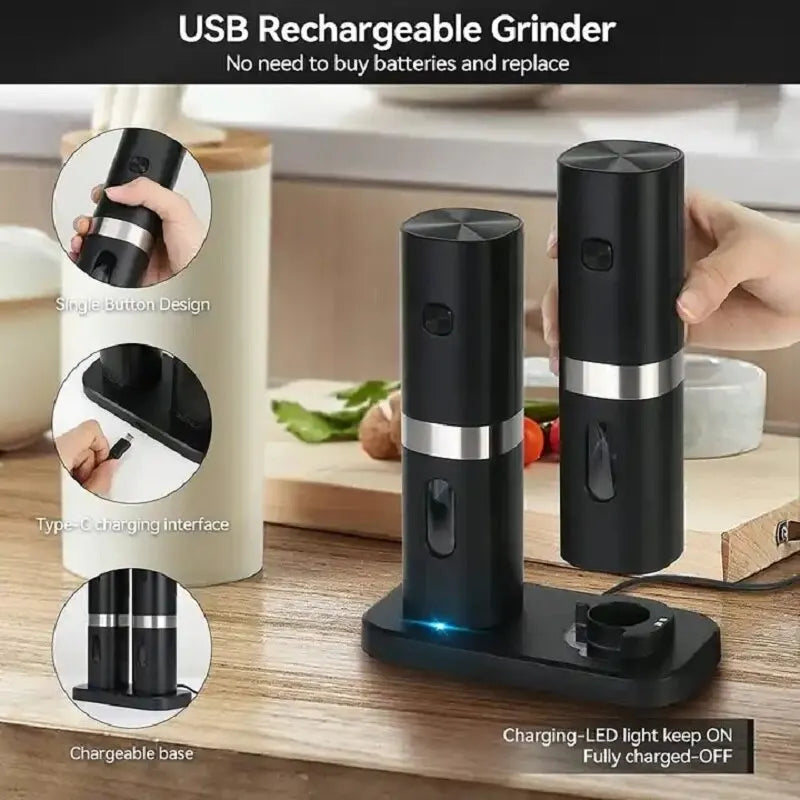 Electric Automatic Pepper And Salt Grinder Set, 2pcs USB Rechargeable Base, Adjustable Coarseness