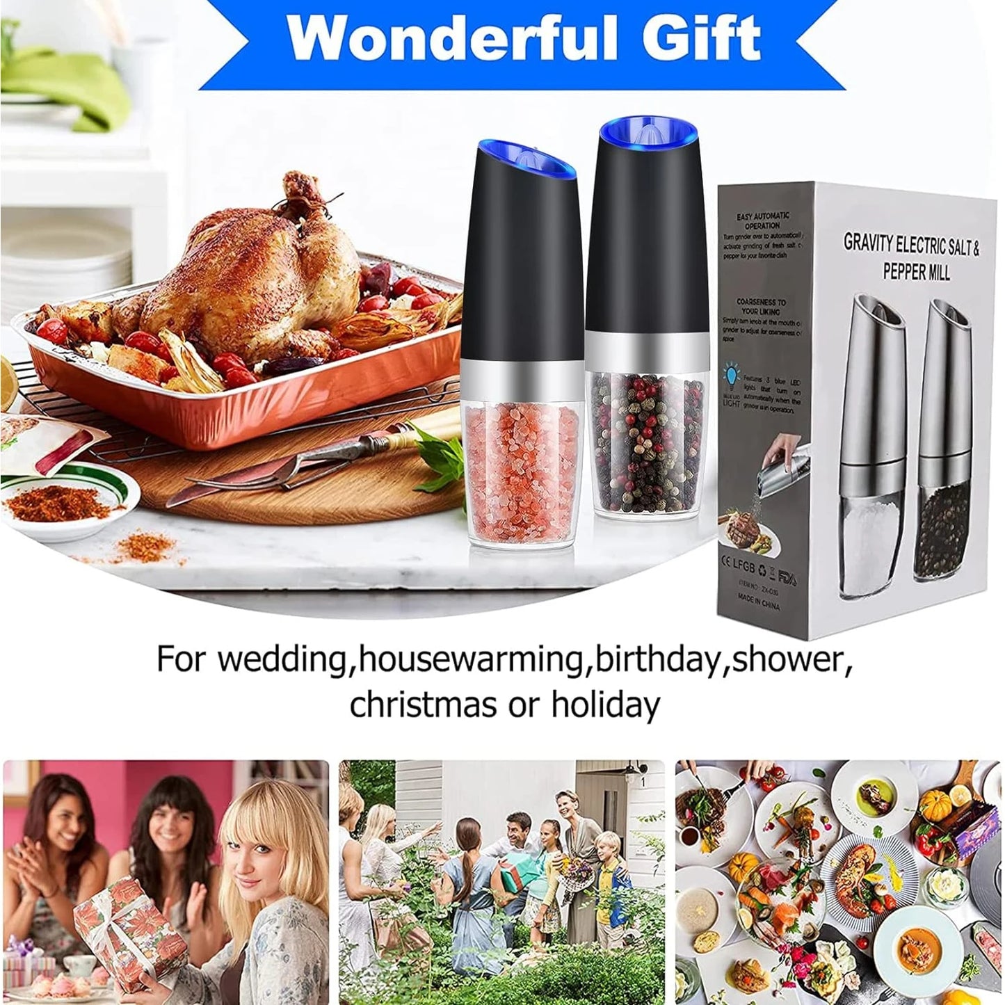 Electric Automatic Salt and Pepper Grinder, Gravity Spice Mill Shakers, Battery Powered, Adjustable Coarseness